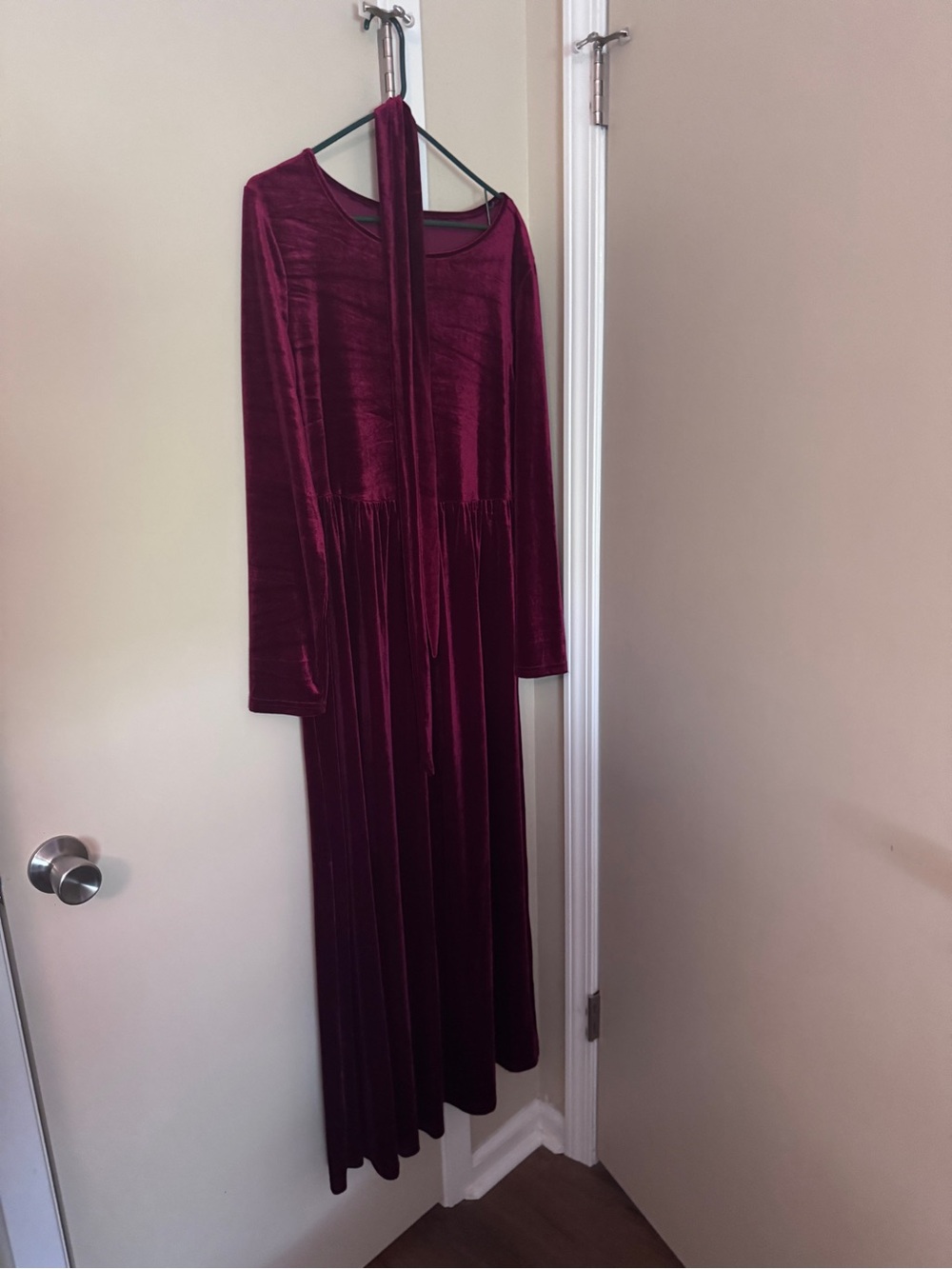 Long-Sleeve Velvet Maxi Dress in Burgundy
